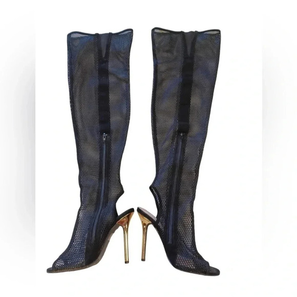 💥HOST PICK💥 Over The Knee Fishnet Peep Toe Metallic Heels Boots Size 5.5 - Picture 8 of 12
